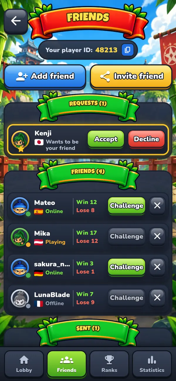 RPS Ninja friends list with requests, online status and challenge buttons