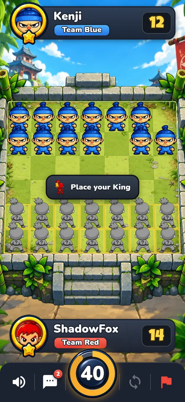 Setup in RPS Ninja: the grey ninjas are still waiting for their weapons while you place your king