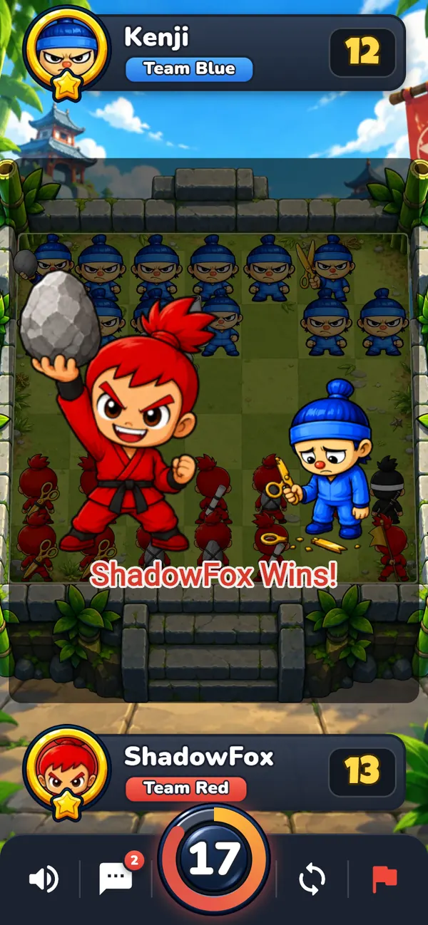 Combat result in RPS Ninja: the red ninja wins with rock against the blue ninja's scissors