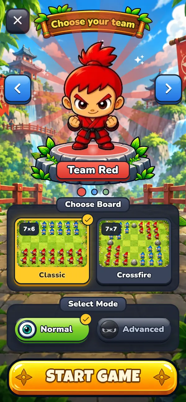 Team selection in RPS Ninja: the red ninja on a pedestal, the Classic 7×6 or Crossfire 7×7 board, and Normal or Advanced mode