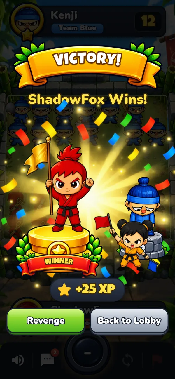 Victory screen in RPS Ninja with the winner on the podium and the XP reward