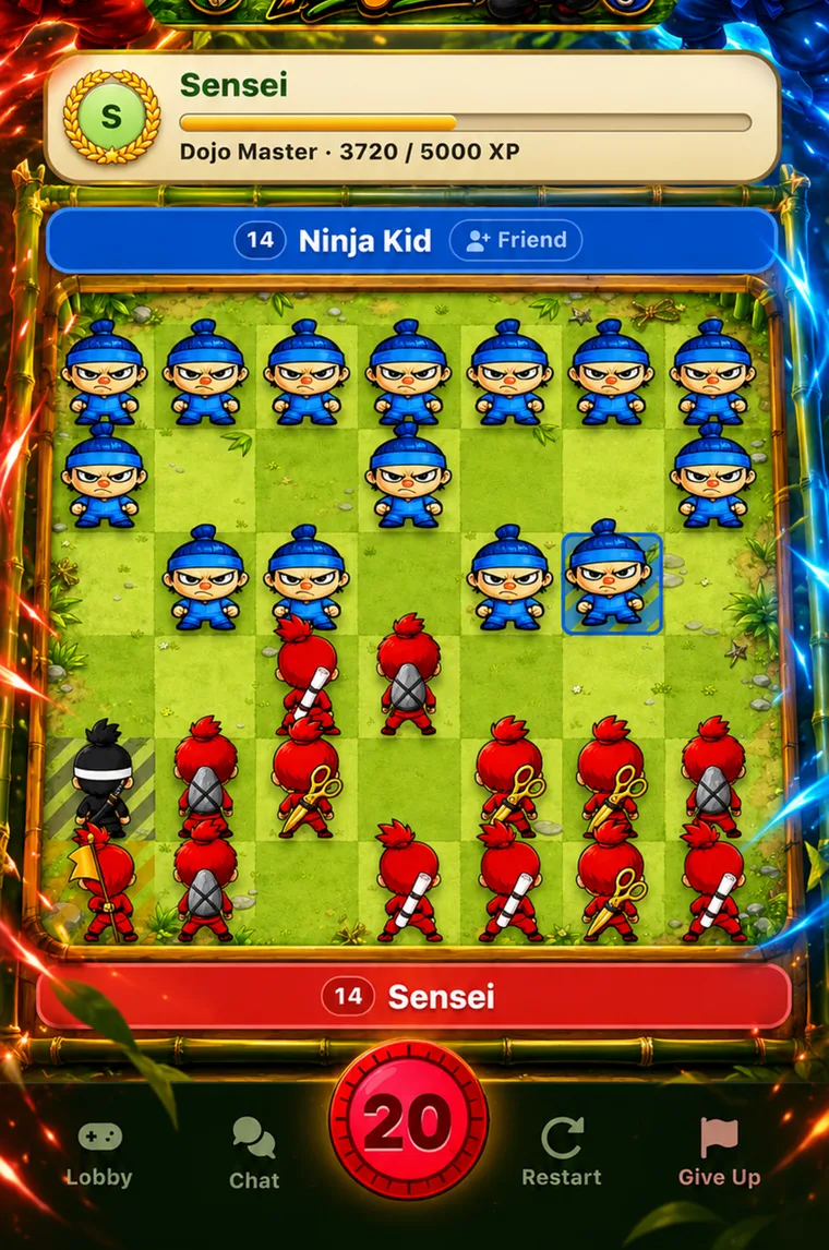 RPS Ninja board with red and blue ninja fighters facing each other