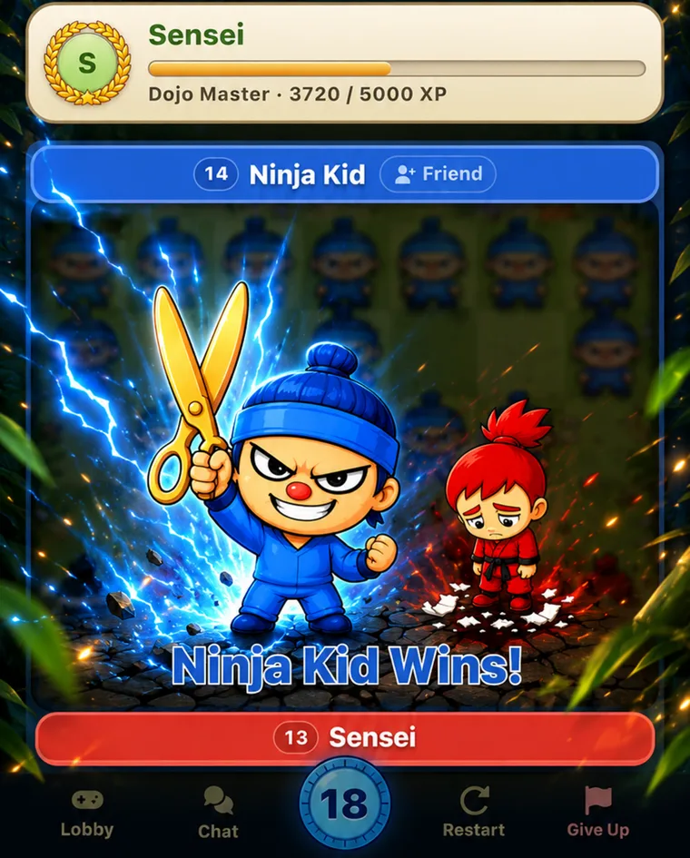 Combat result in RPS Ninja: the blue ninja wins the duel with scissors