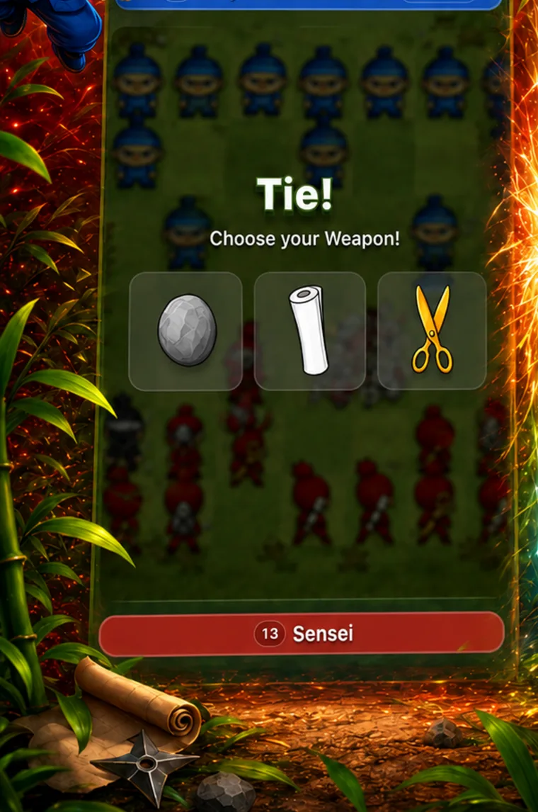 Tiebreak screen in RPS Ninja asking the player to choose rock, paper or scissors