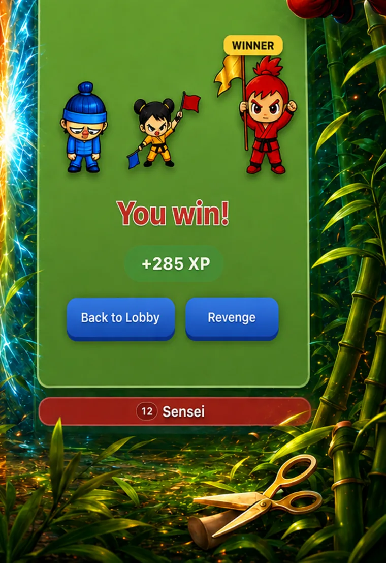 Victory screen in RPS Ninja showing "You win!" and the XP reward